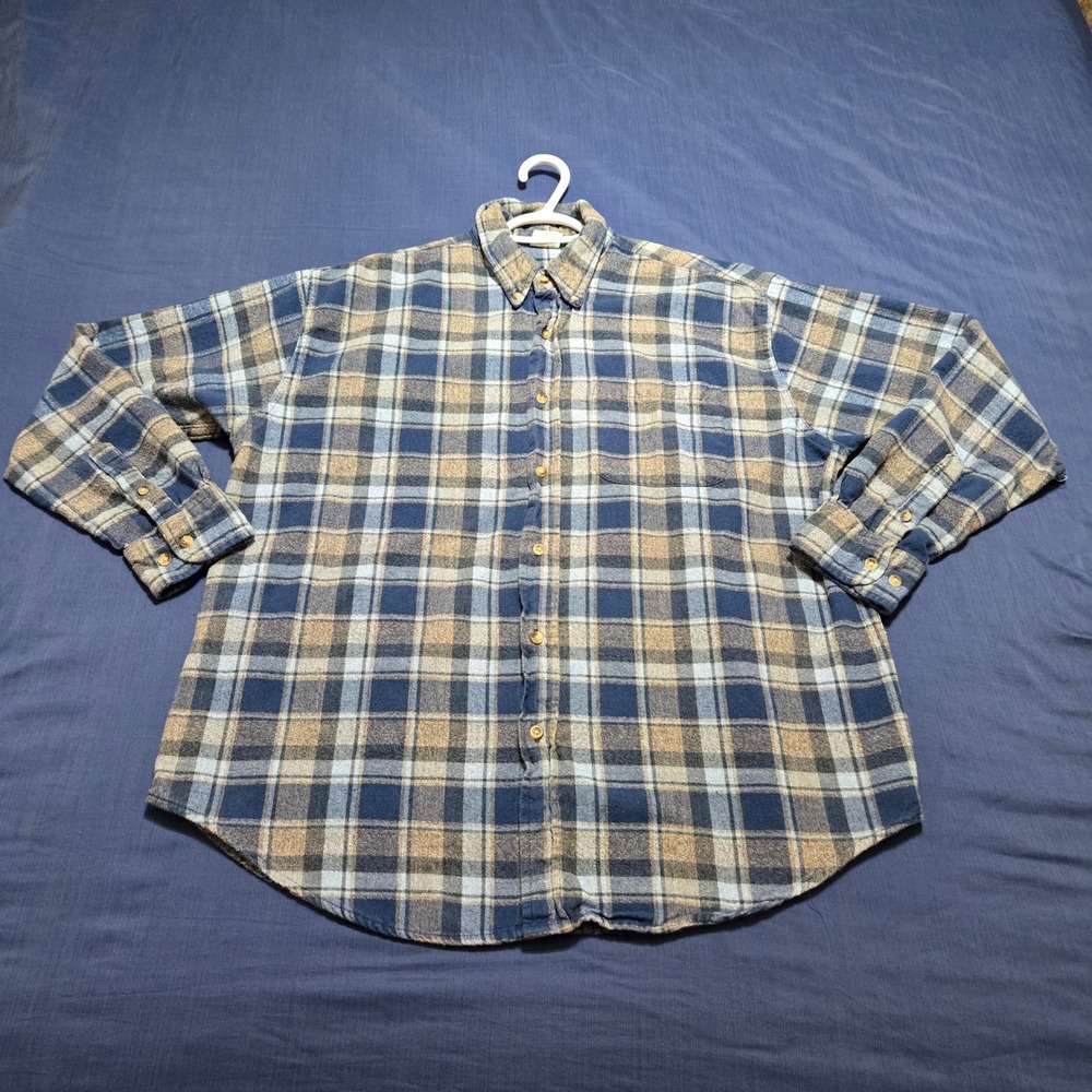 Premier Flannel Shirt Mens XL Blue Plaid Excellent 100% Cotton Soft Button Down
